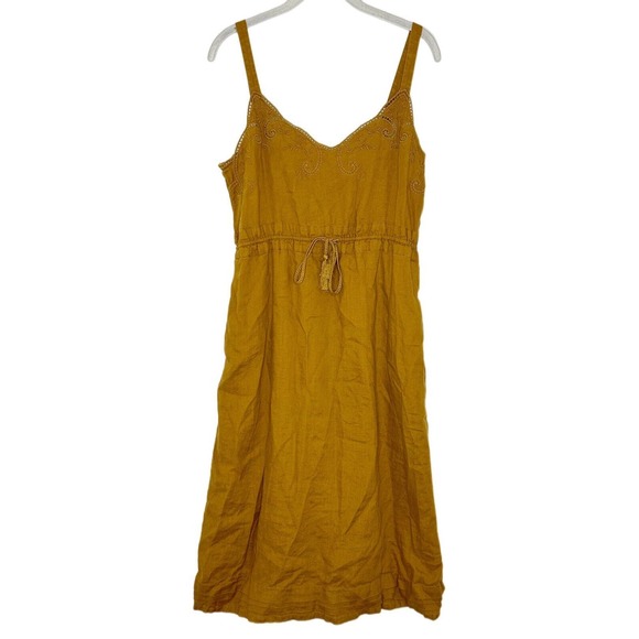 J.CREW Dresses & Skirts - J. Crew Mustard Yellow Linen Drawstring Embroidered Midi Boho Hippie Dress Sz 6